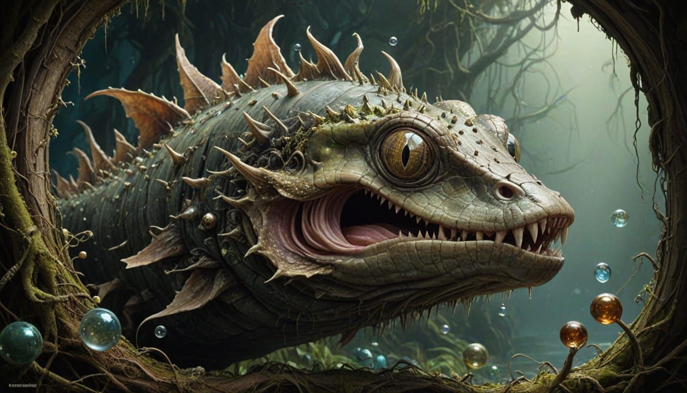 Hyperrealistic Art Nouveau Dreamscape with Cryptid Creatures