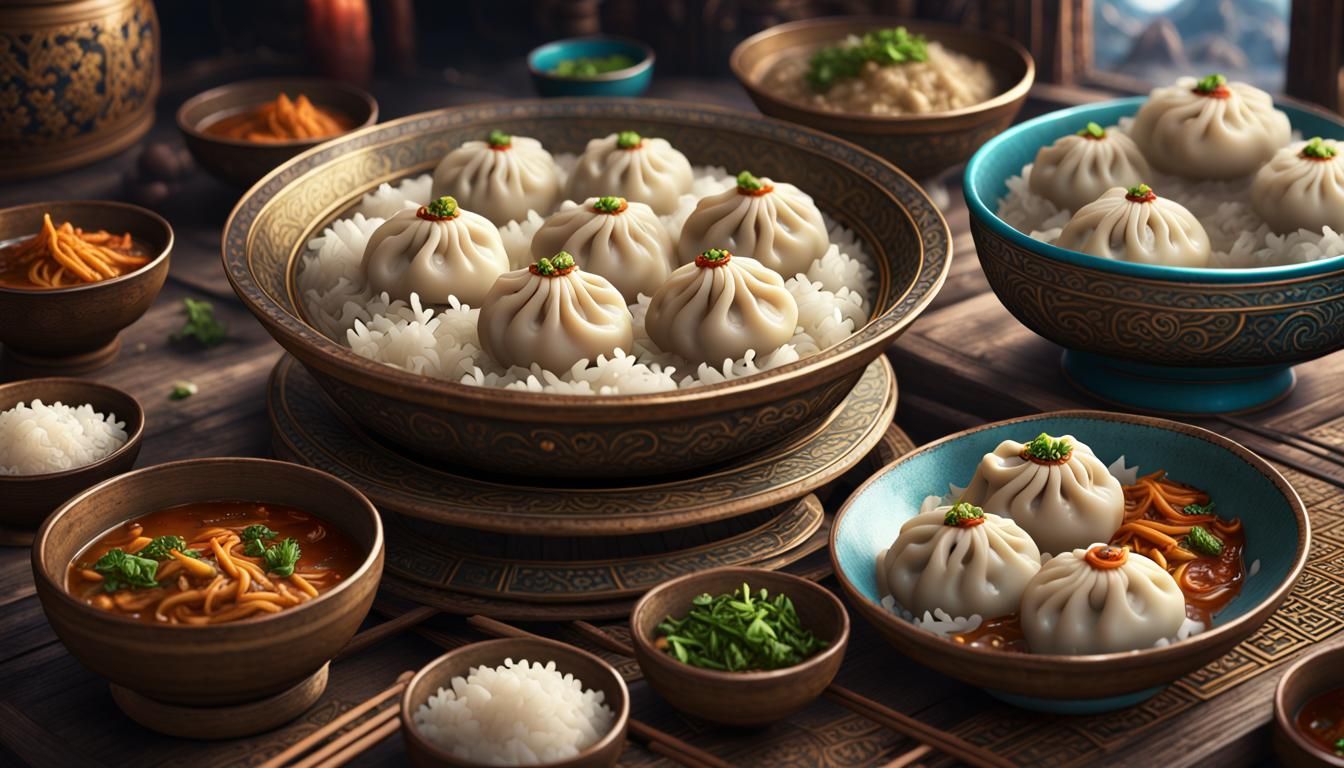 Tibetan Momo Dumplings with Rice, Digital Art
