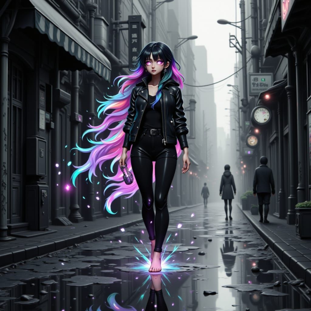 Anime Woman in Grayscale City with Exploding Color Trails