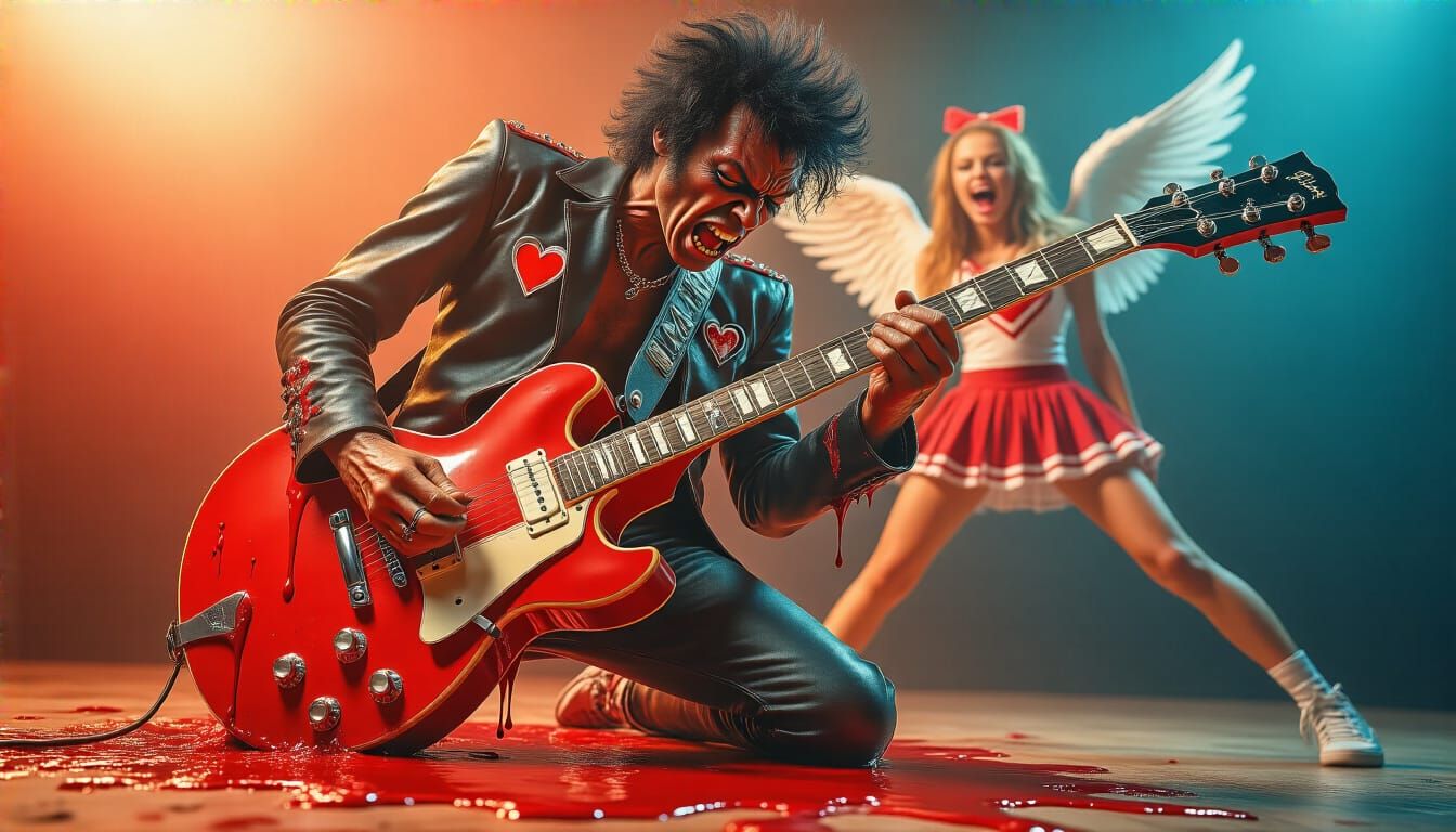 Surreal Guitar Smashing Scene with Cheerleader and Punk