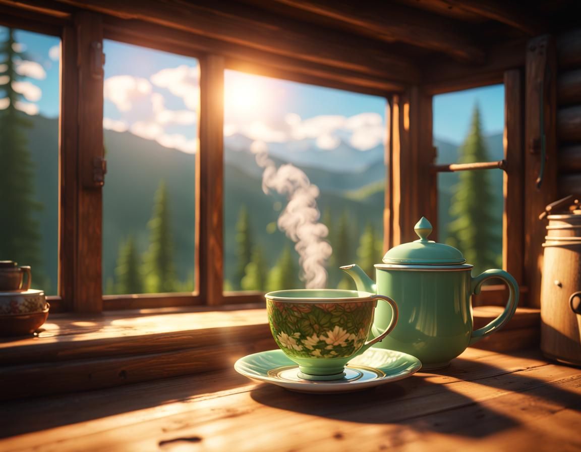 Teacup in Cabin Overlooking Mountains: 3D Game Cinematic