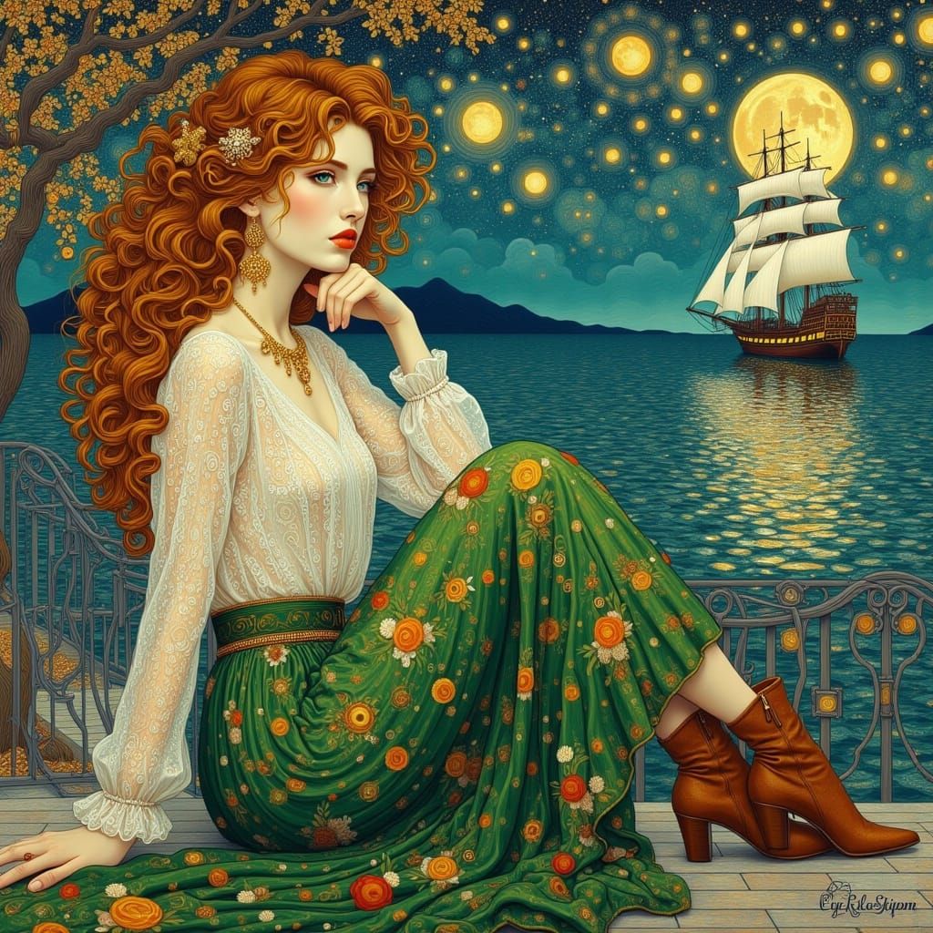 Woman on Terrace Overlooking Sea in Klimt Style