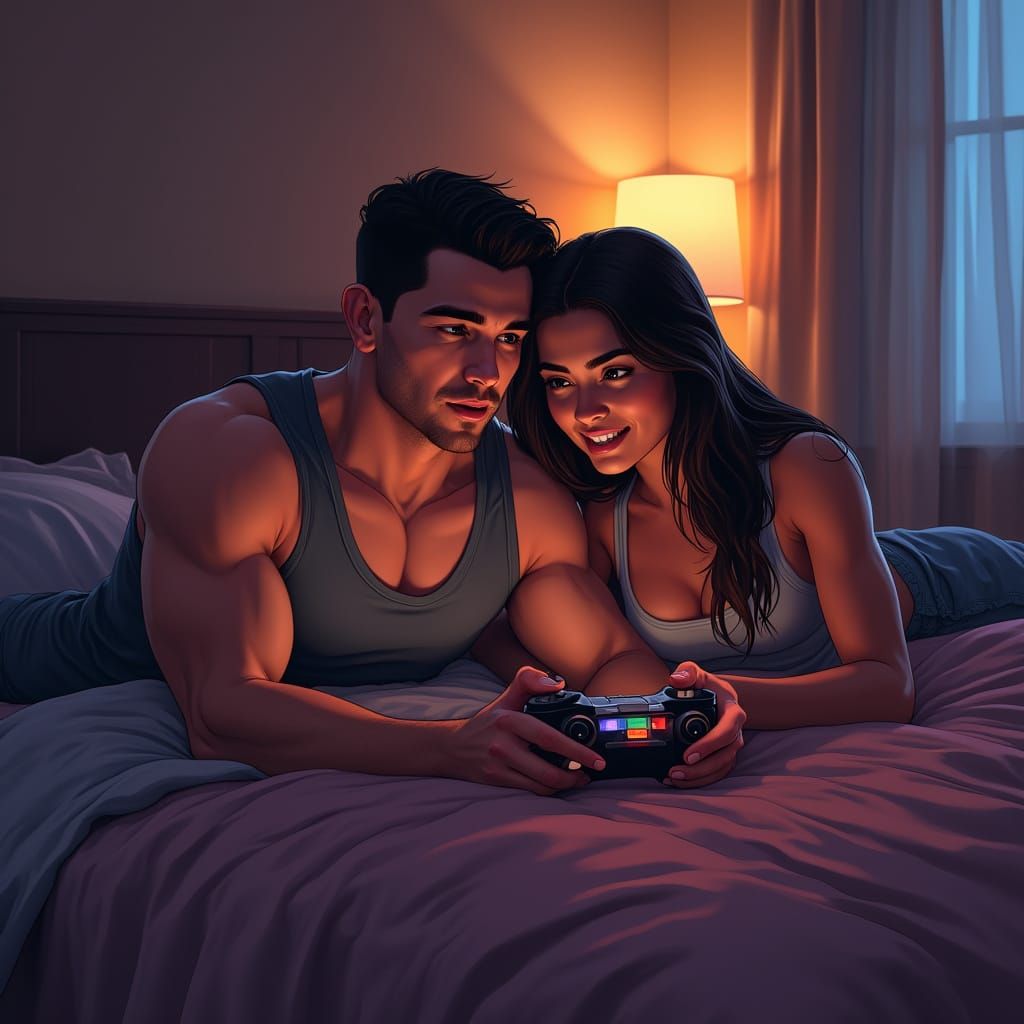 Couple Playing GTA VI in Atmospheric Digital Art