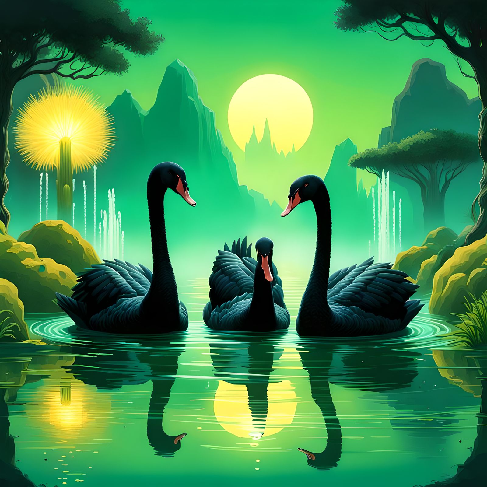 Black Swans on a Bioluminescent Lake