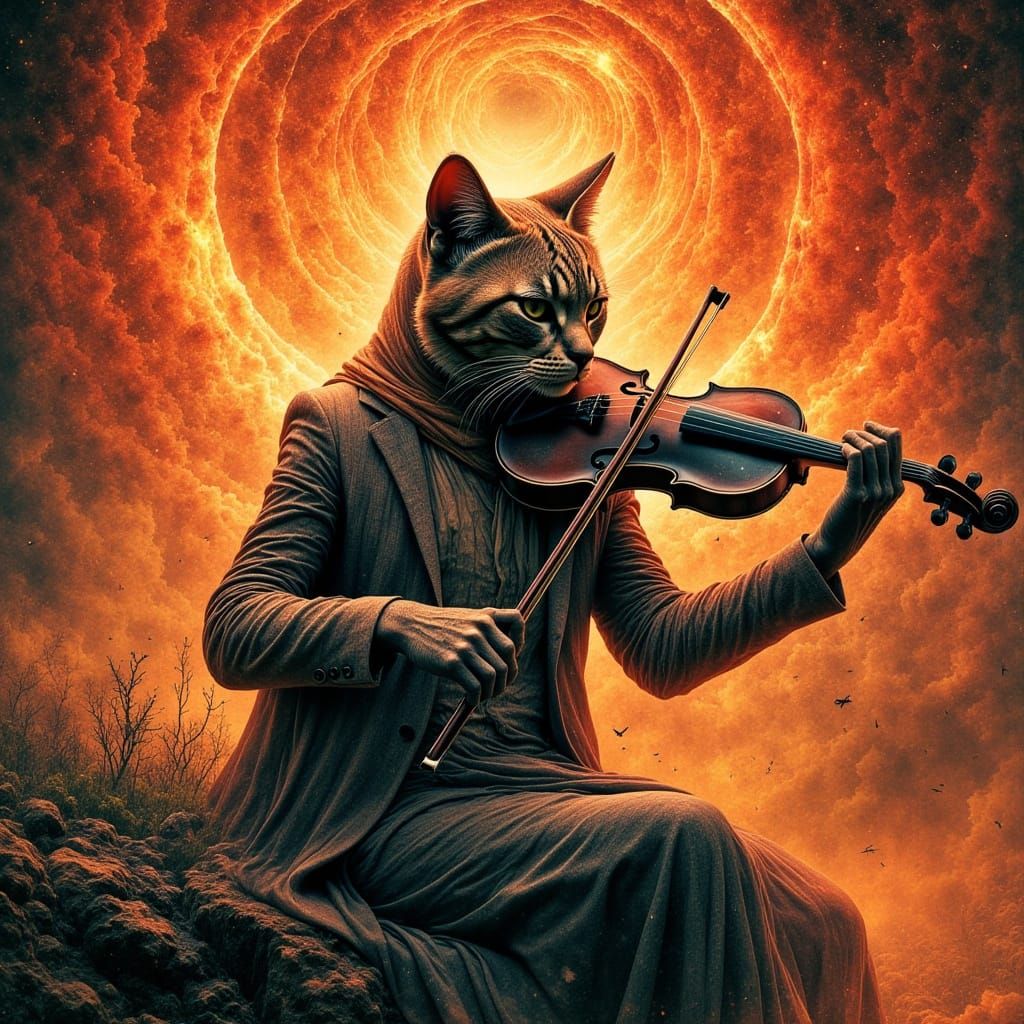 Dreamy Cat Violinist in Monotype Printmaking Style