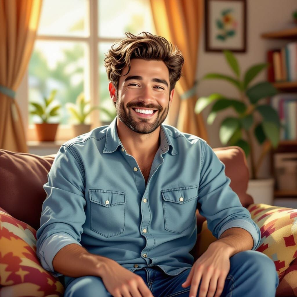 Smiling Man in Cozy Room, Dreamworks Style