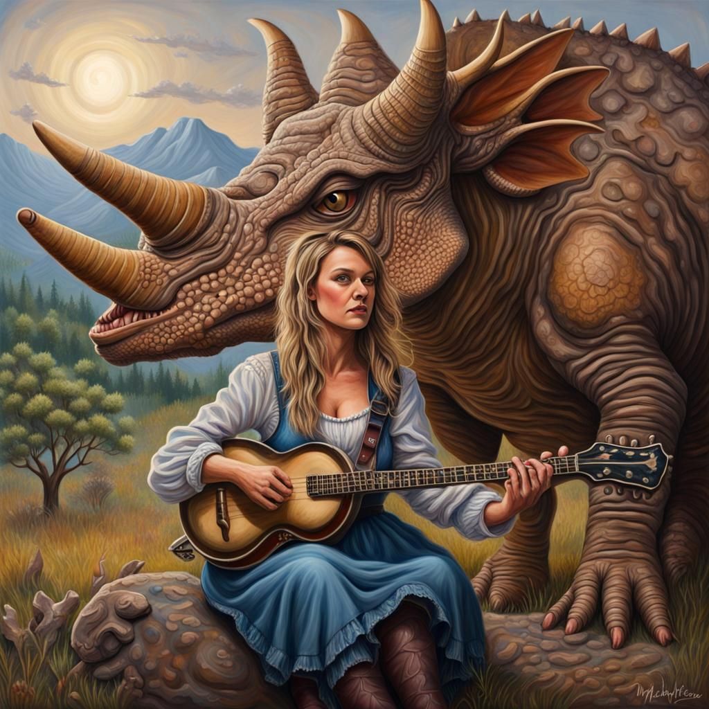 Hillbilly Woman Rides Triceratops Playing Banjo