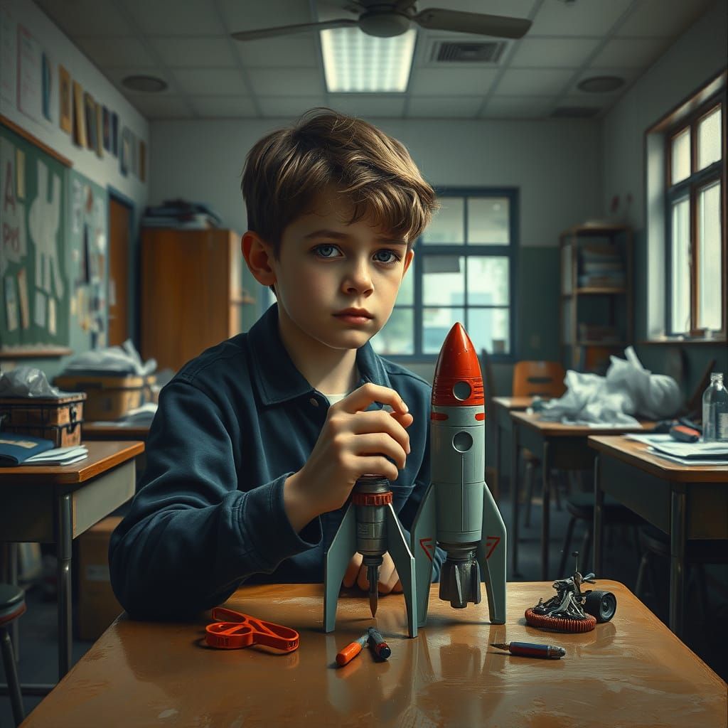 Boy Builds Model Rocket in Melancholy Science Class