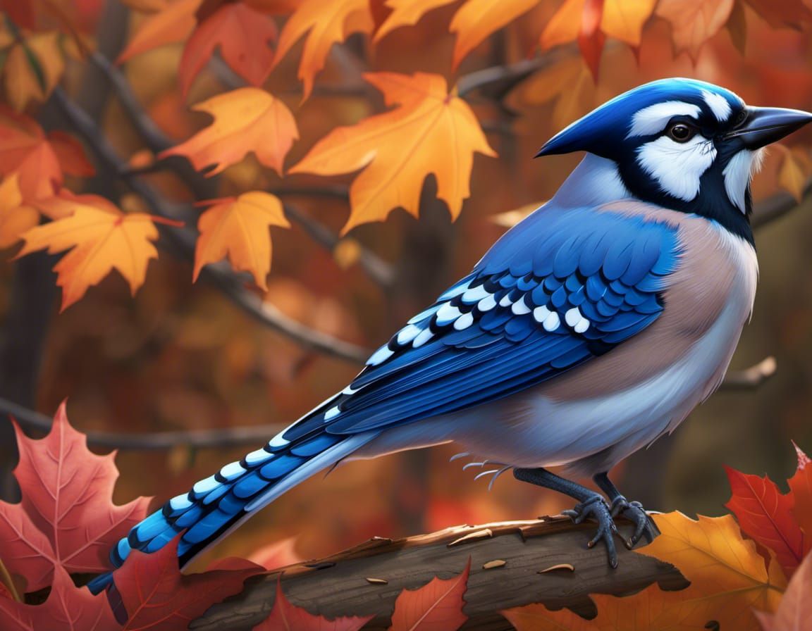Detailed 16k resolution portrayal of a blue jay, its vibrant...