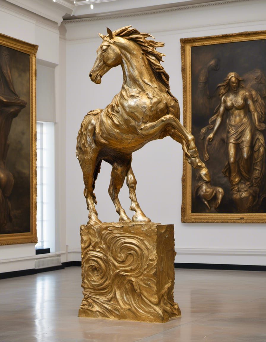 <lora:Strong Expression:1.0> 
golden horse sculpture on a pedestal in a gallery