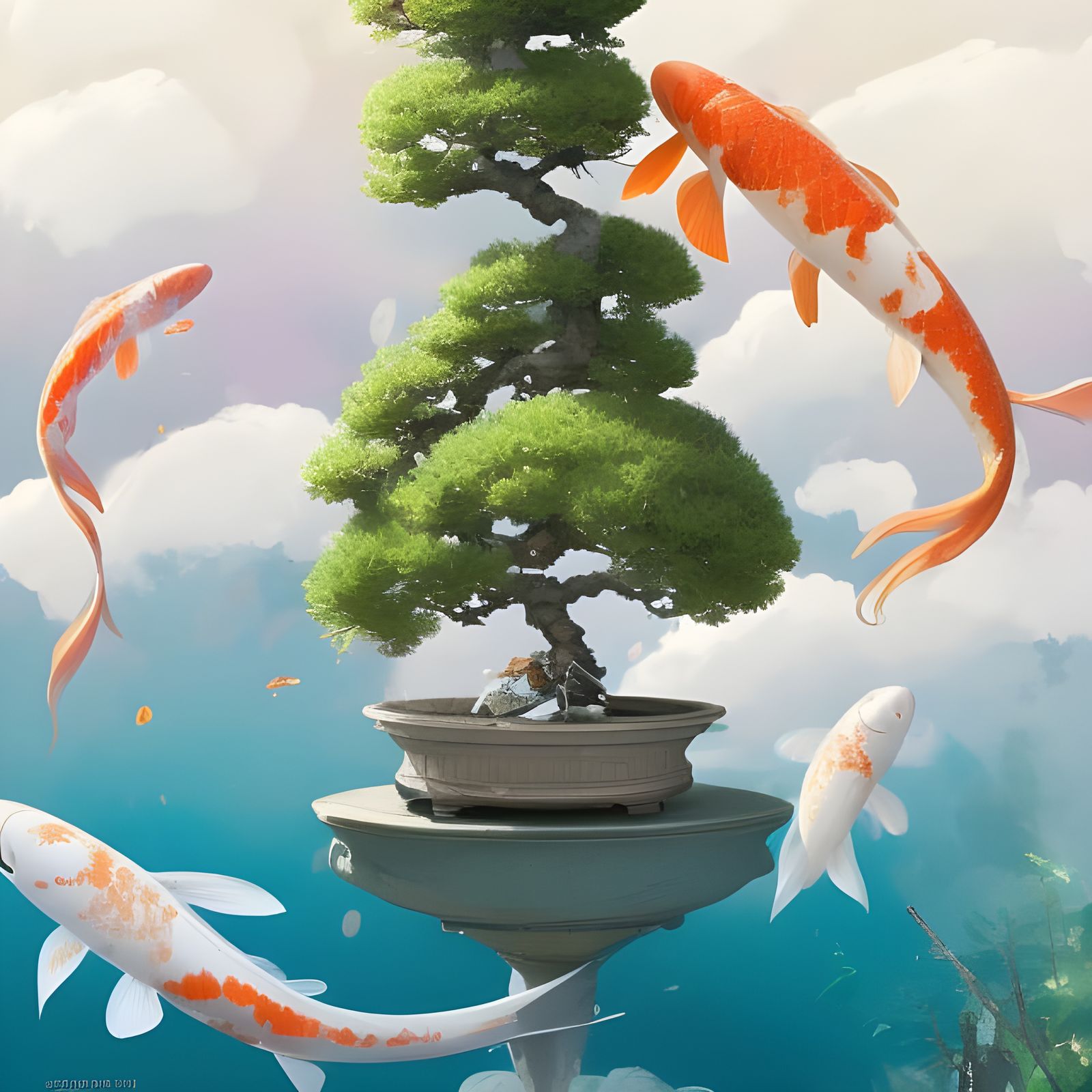 Pastel Bonsai and Koi Fish in Sky, Digital Art