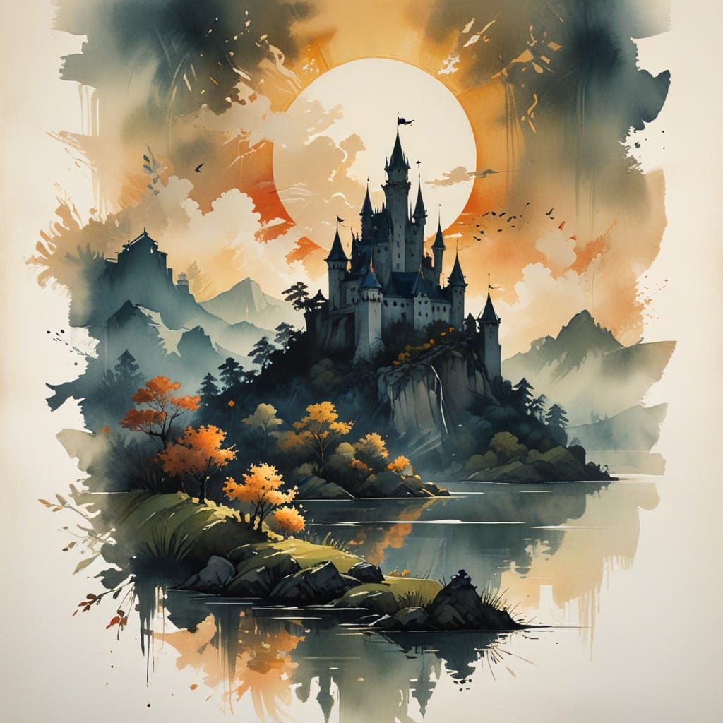 Fairytale Castle at Sunset Reflected in Lake