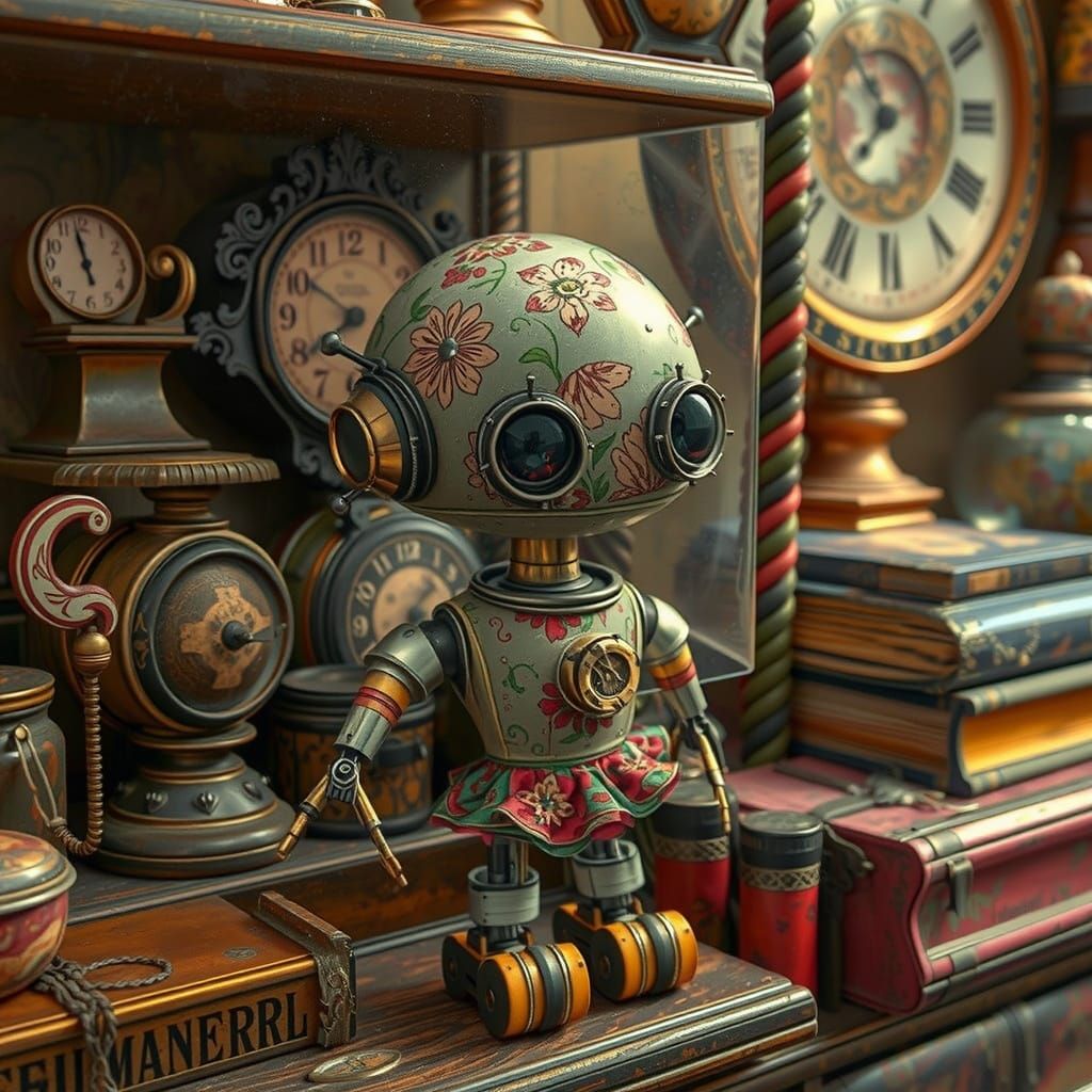 Whimsical Robot in a Vibrant Tulle Dress Amidst Vintage Trin...