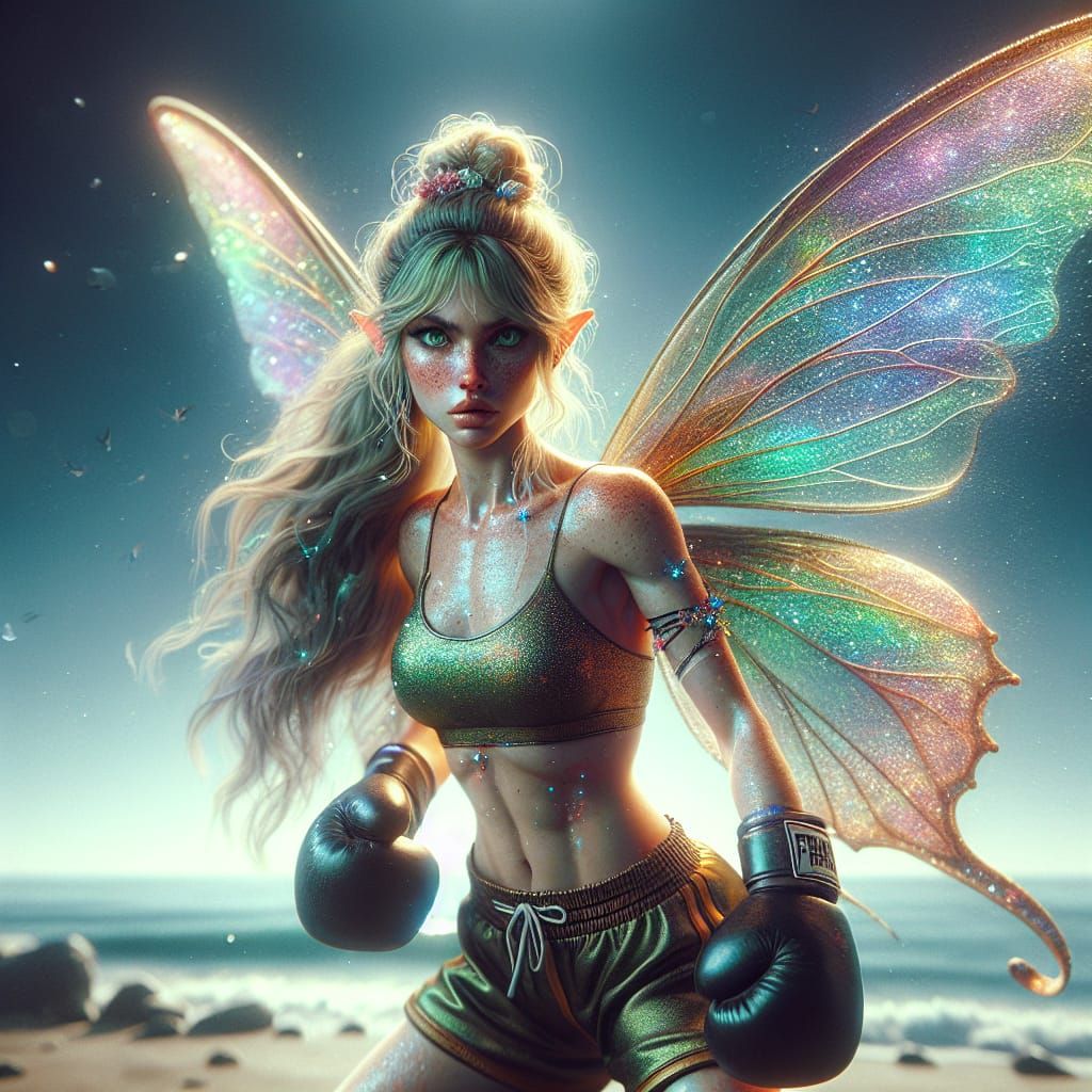 Fairy Boxer Mid-Attack on Goblin, Hyper-Realistic