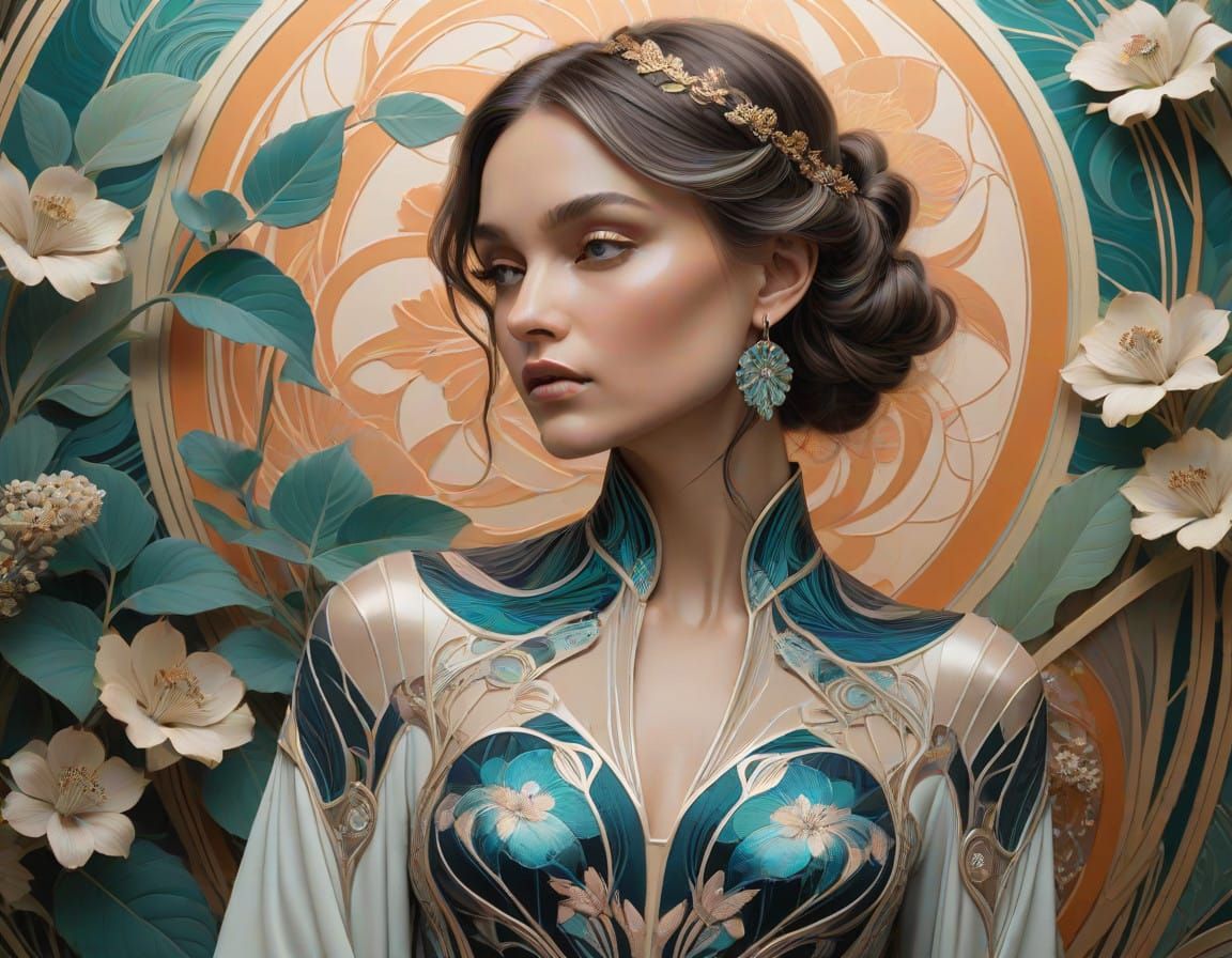Ethereal Woman in Art Nouveau Cyberpunk Elegance