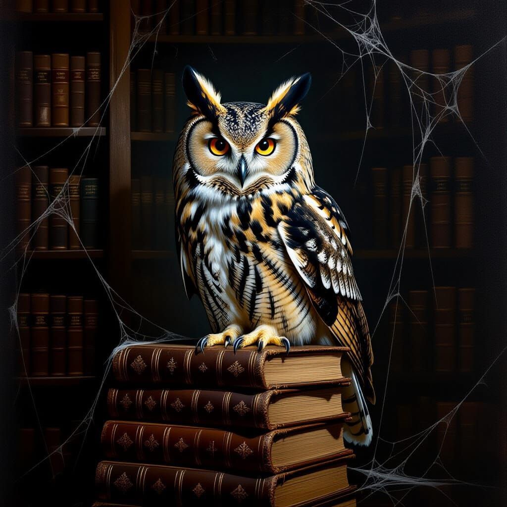 Regal Owl in Forgotten Library Oil Painting