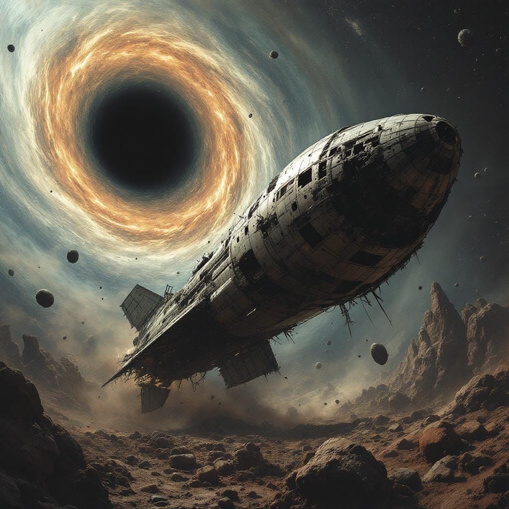 Derelict Spaceship Drifting Near Black Hole