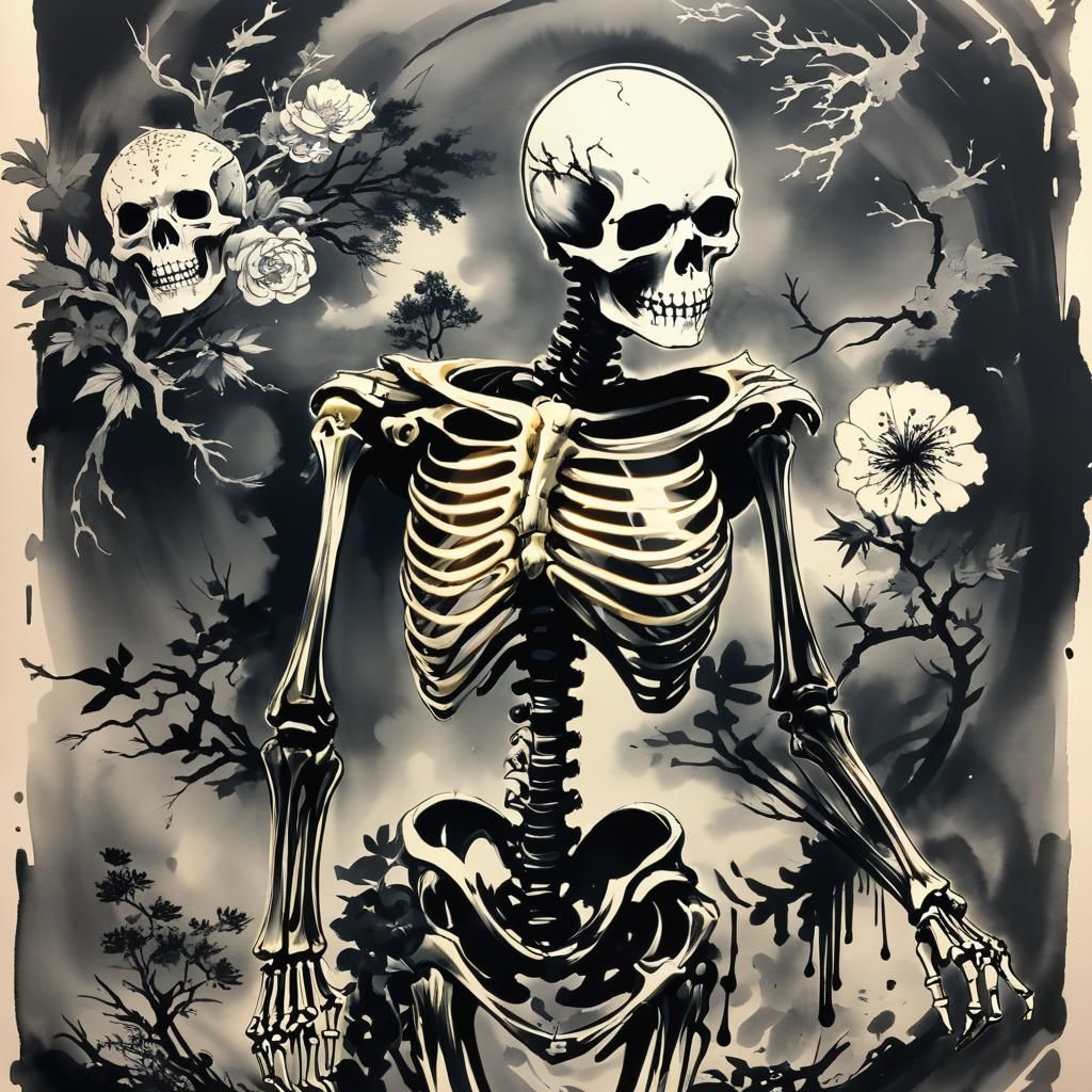 Darkpunk Weirdcore Skeleton in Chinese Ink Style