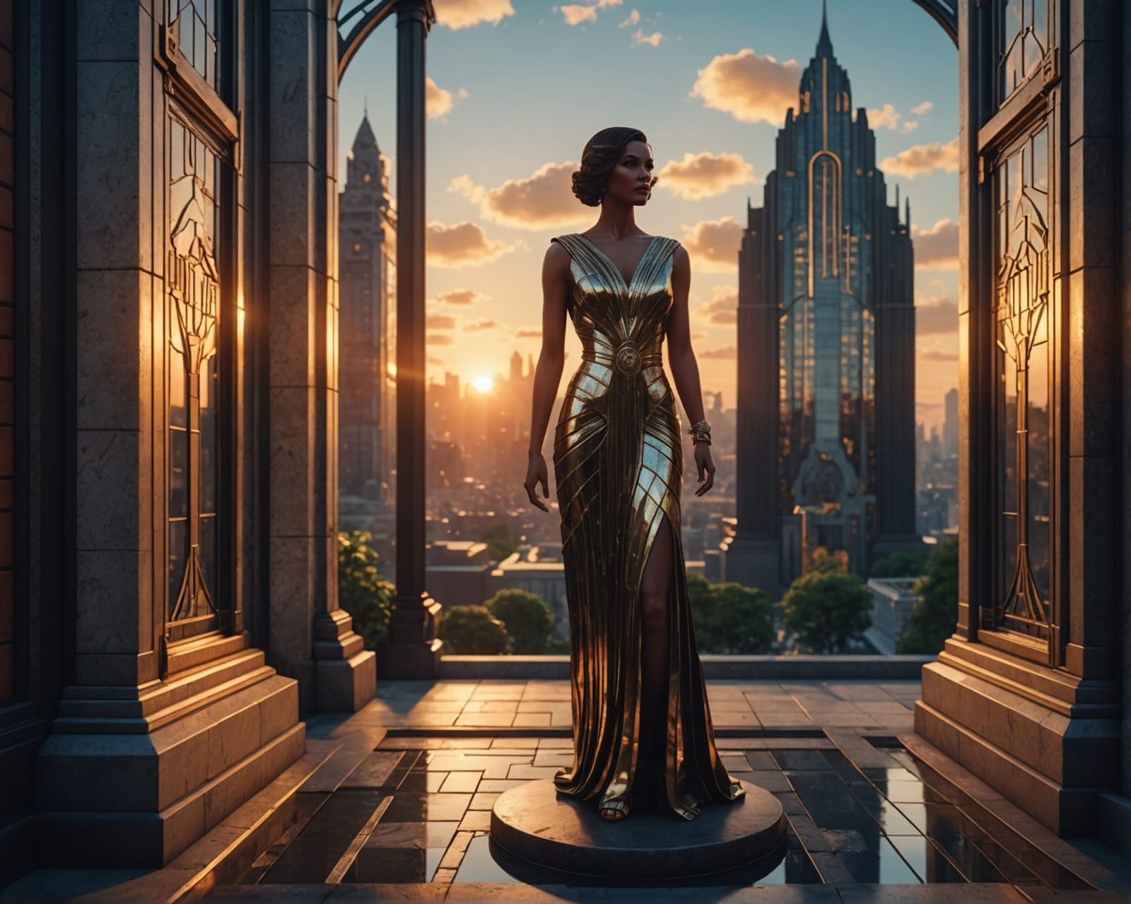 Decopunk Art Deco Cityscape at Sunset