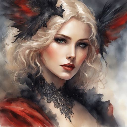 Gothic Mistress Portrait in Watercolor Style