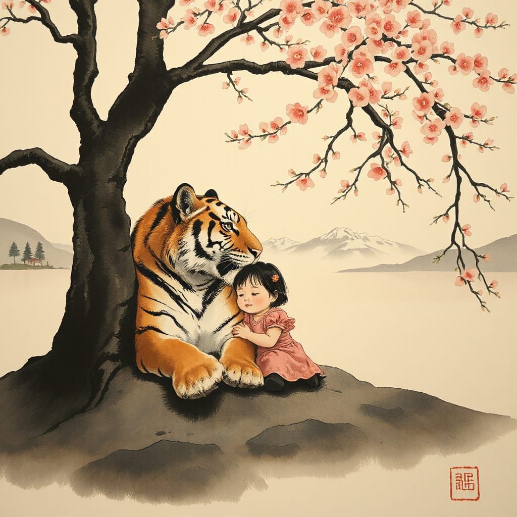 Surreal Ink Art of Young Girl and Serene Tiger in Tranquil L...