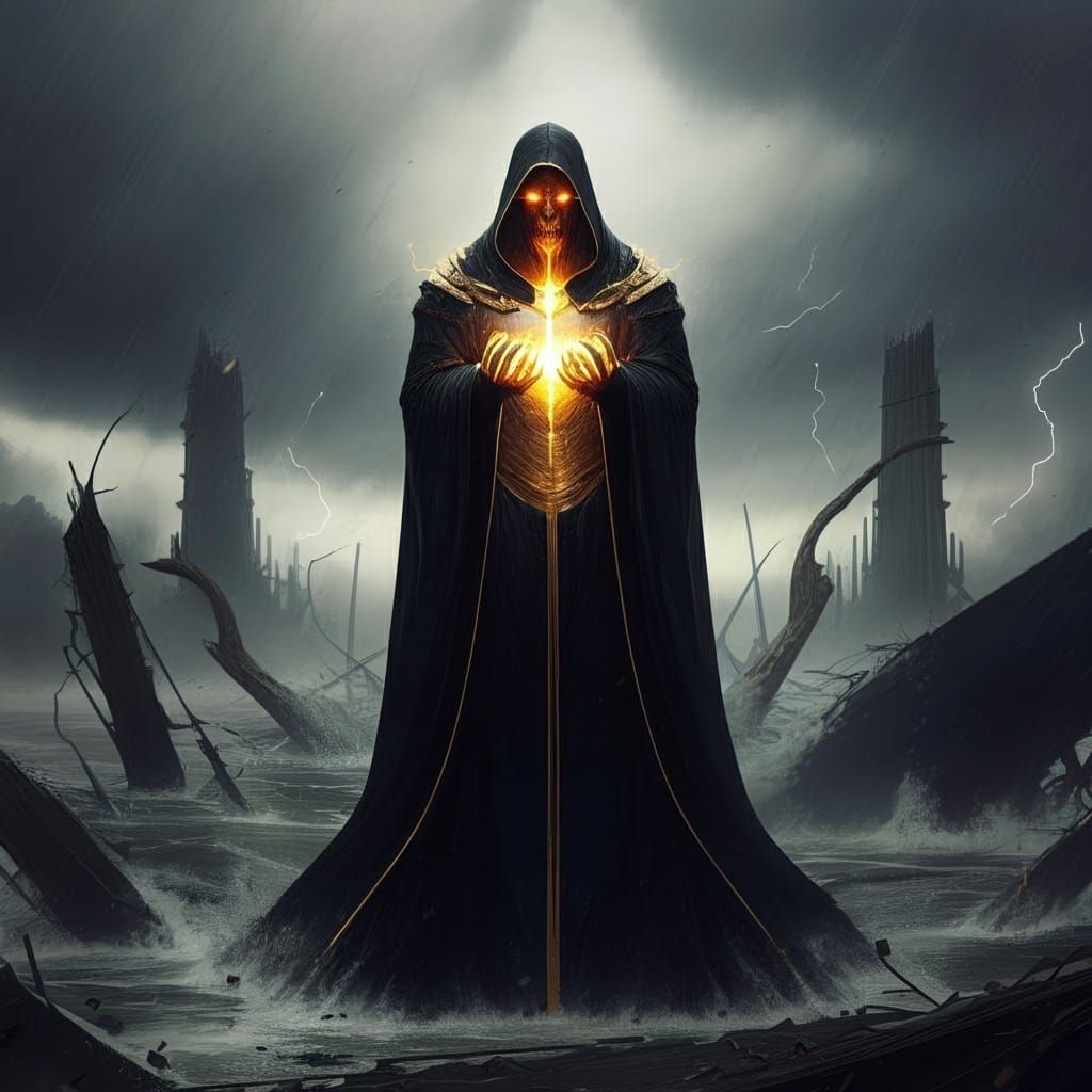 God of Hurricanes Amidst Destruction in Dark Fantasy Style
