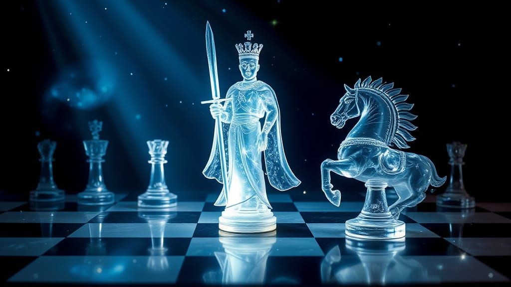 Surreal Chessboard Scene in Mystical Cyberpunk Style