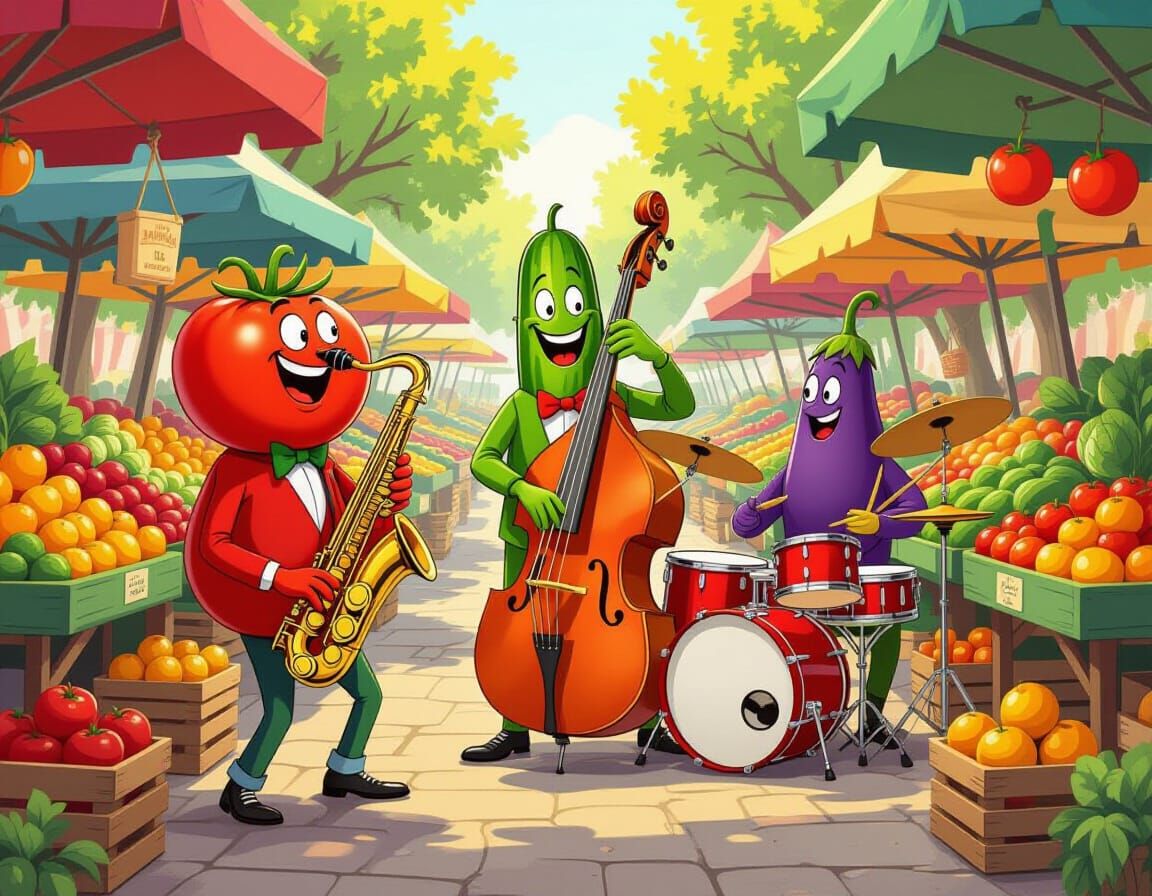 Vegetable Jazz Band at Farmers Market in Cartoon Style