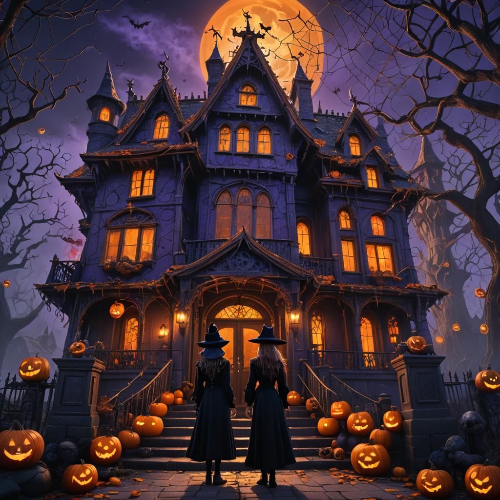 Spooky Witch at Haunted Mansion on Halloween Night