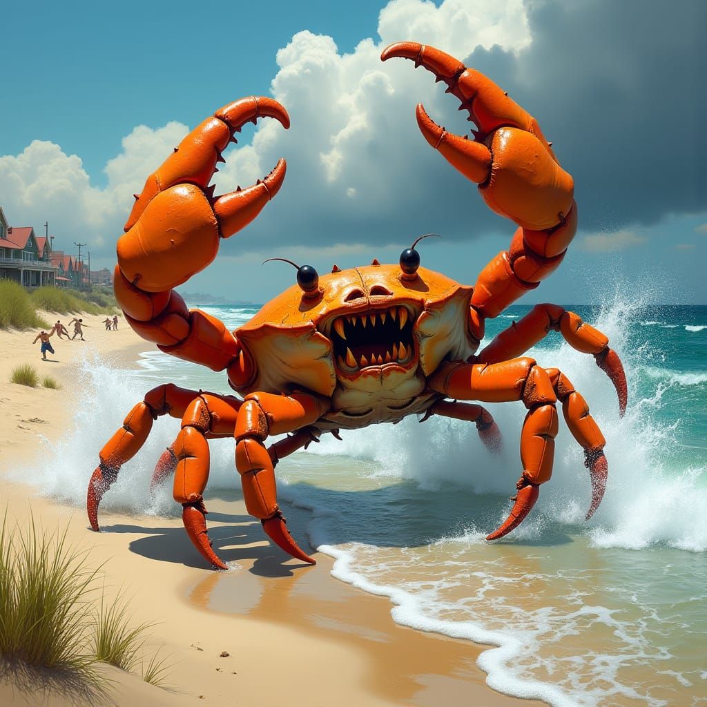 Menacing Crab Emerges from Sea onto Sunny Beach