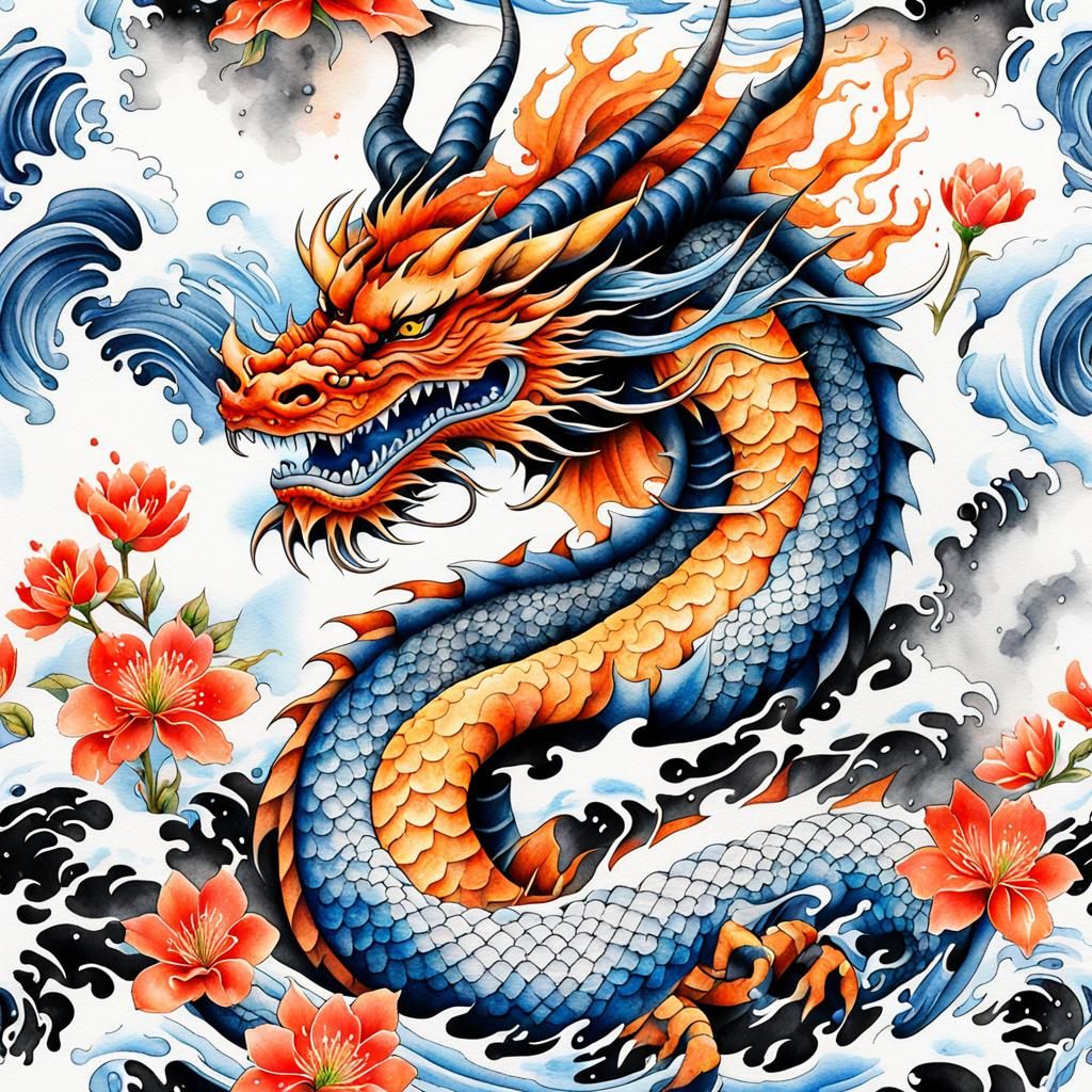 Japanese Dragon Tattoo with Sakura Watercolor Art