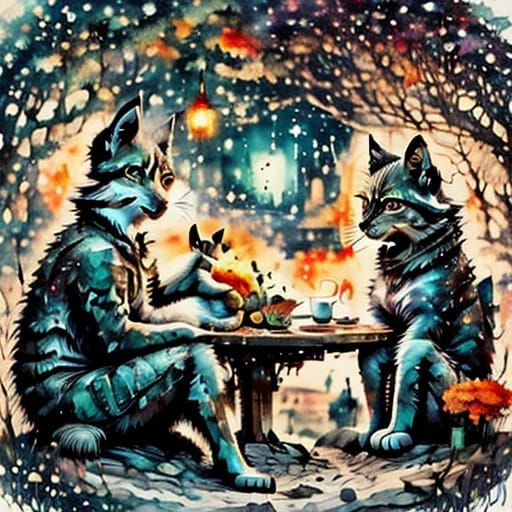 Cats and Kittens Dinner in Cartoon Style