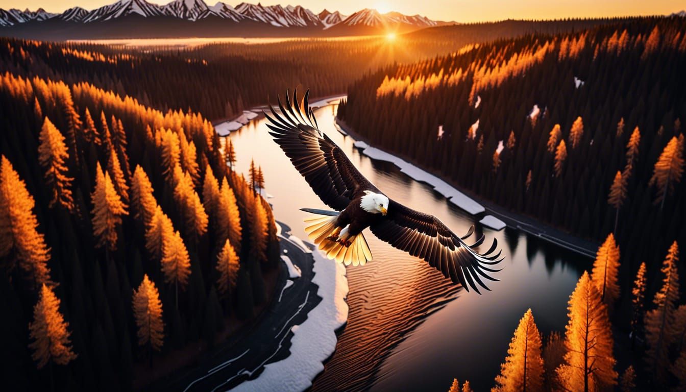 Bald Eagle Soaring Over River Valley at Sunset