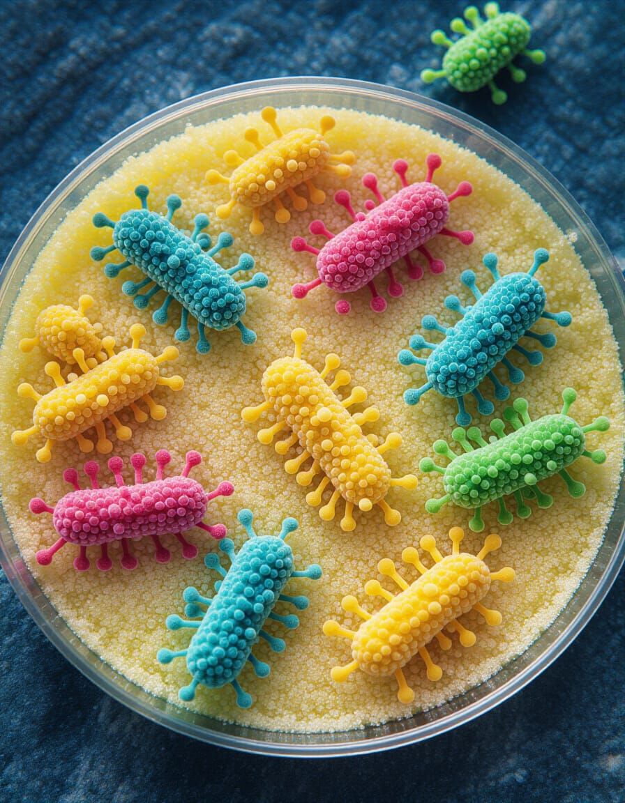 Cheerful Microbes Dancing in Petri Dish, Microscopic Art