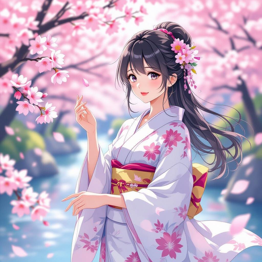 Anime Woman in Kimono with Cherry Blossoms