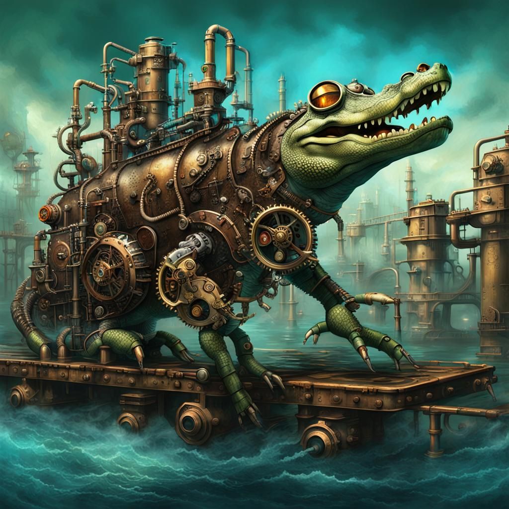 Steampunk Alligator Embarks on Whimsical Journey Through Ind...