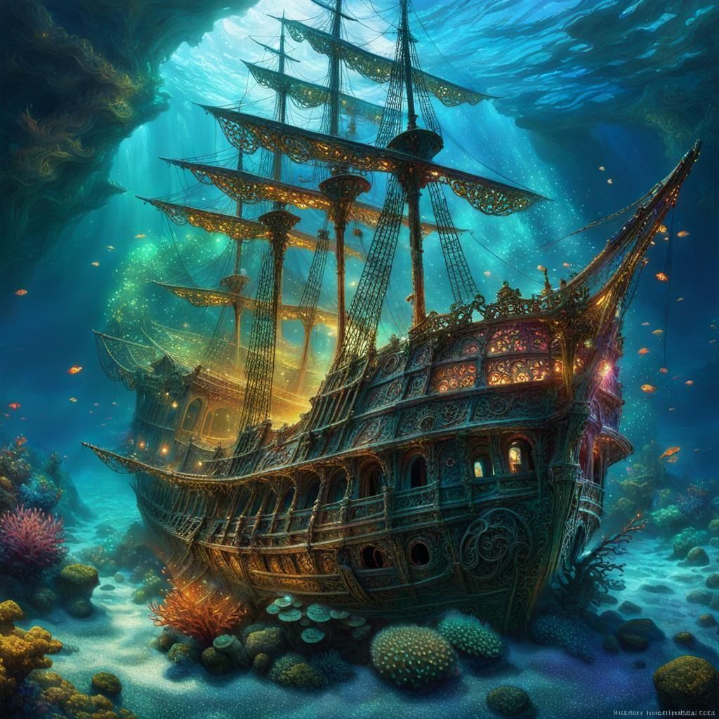 Sunken Treasure Ship: Psychedelic Ocean Floor Scene
