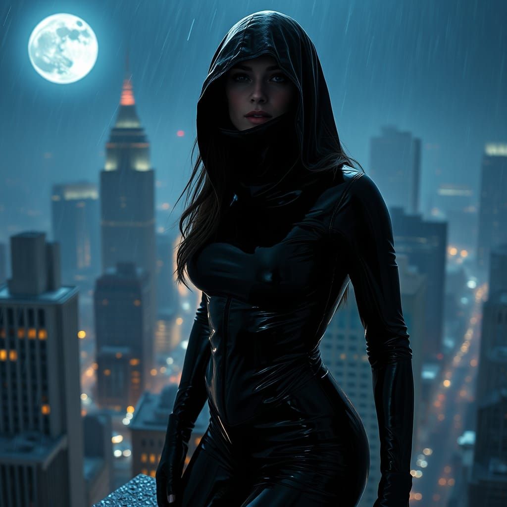 A mysterious woman clad in a sleek black leather catsuit and mask stands at the edge of a rain-soaked rooftop, her pierc...