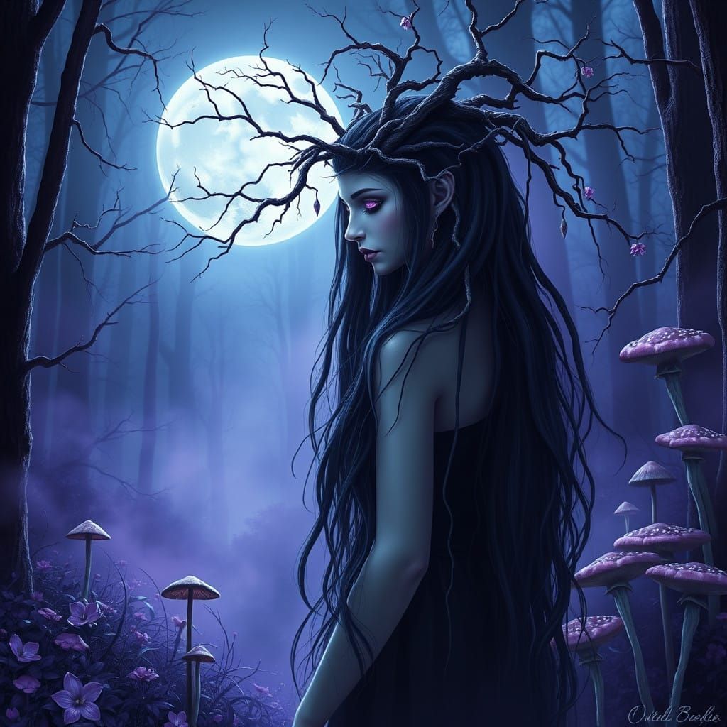 A Dark Forest Sorceress Radiates False Beauty Under the Full...
