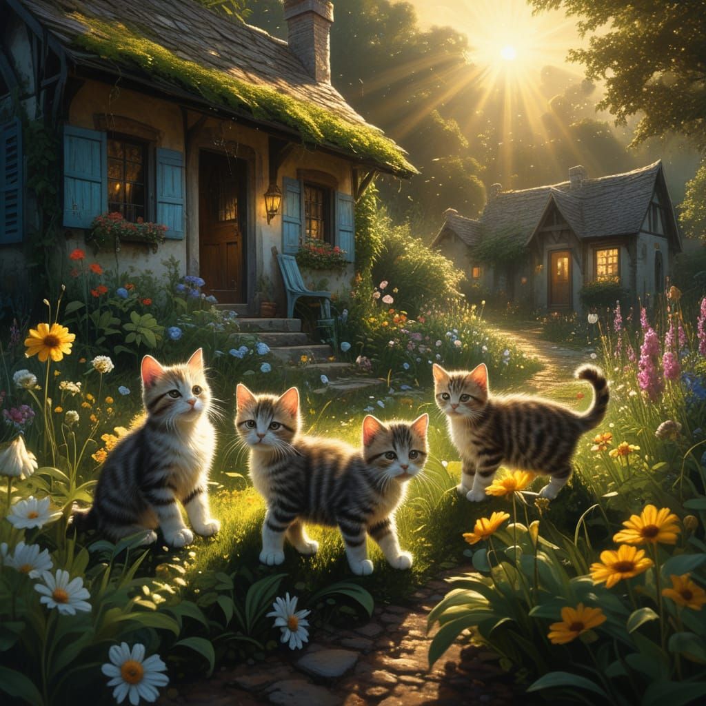 Fluffy Tabby Kittens Play in Sun-Dappled Cottage Garden