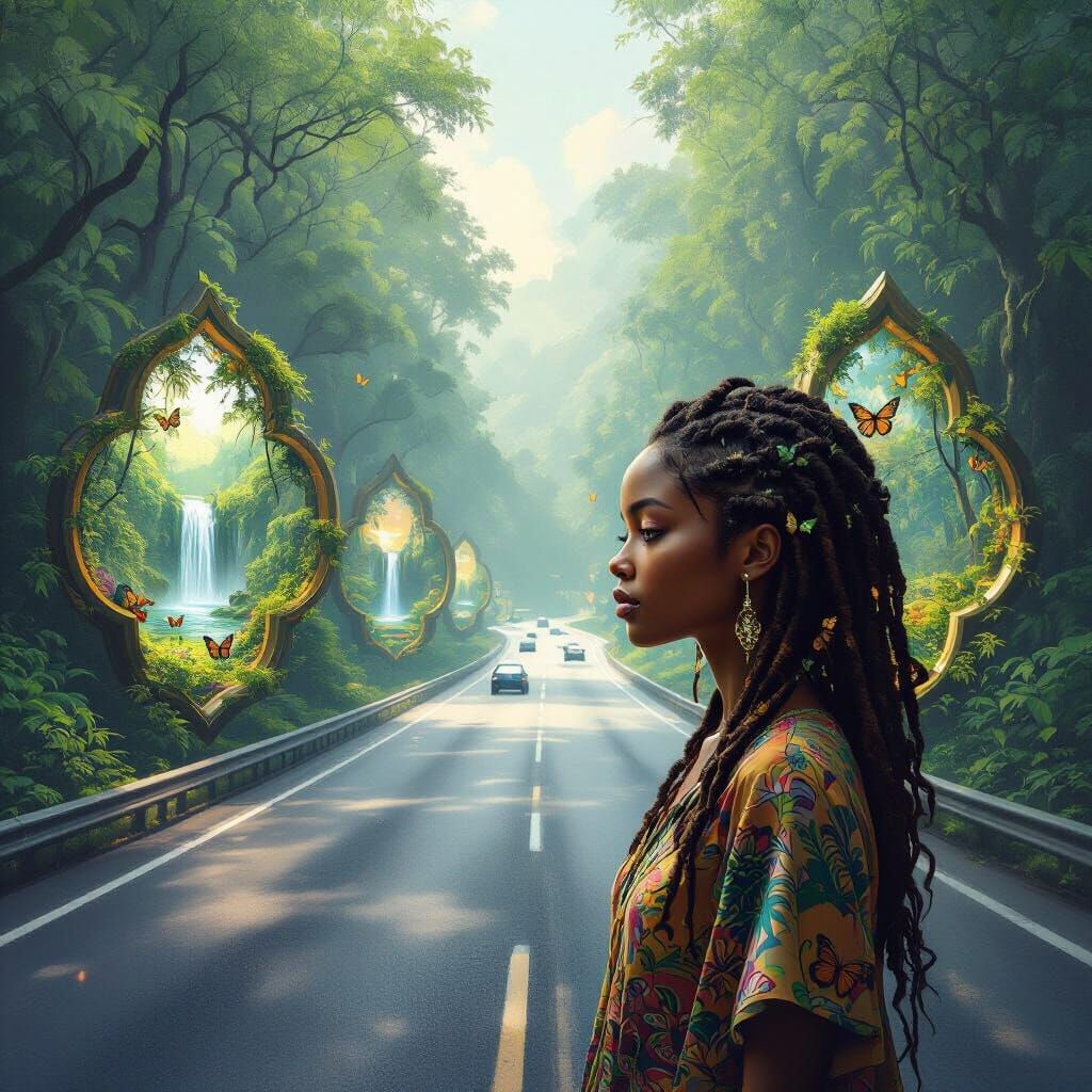 Afrofuturist Highway Through Lush Forest