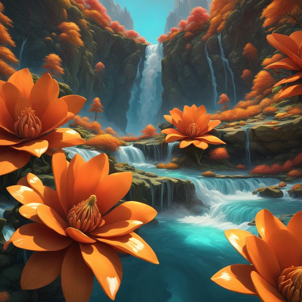 The flowers by the waterfall