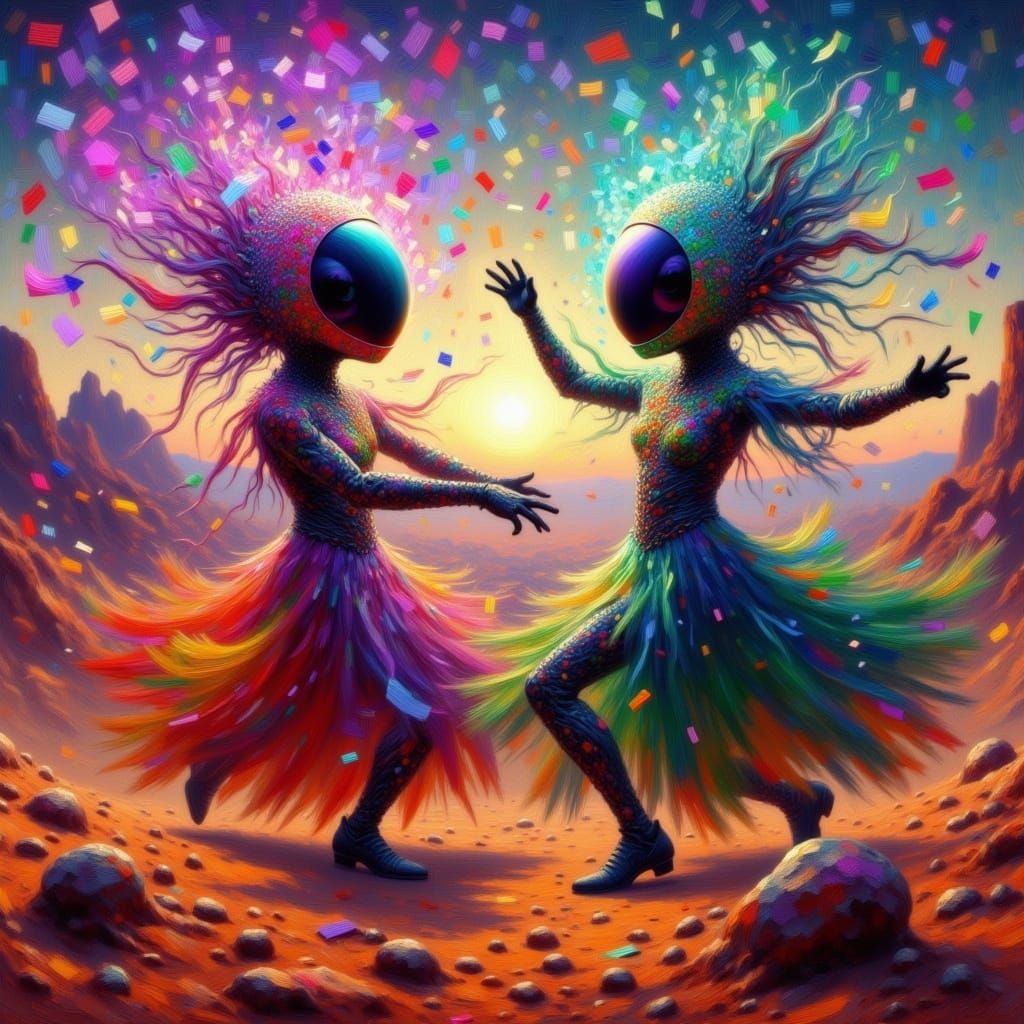 Martian Revelers Dance in Surreal Triadic Oil Painting