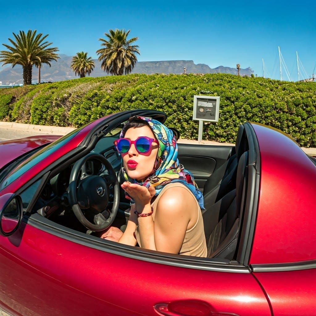 Woman Blows Kiss in Vibrant Mazda Convertible