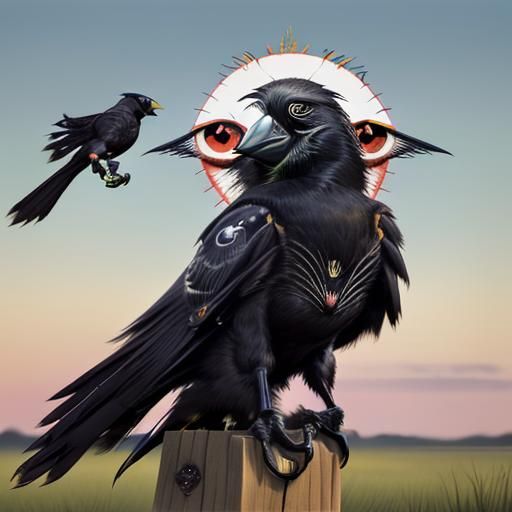 Crow with Exaggerated Eye in Swampy River