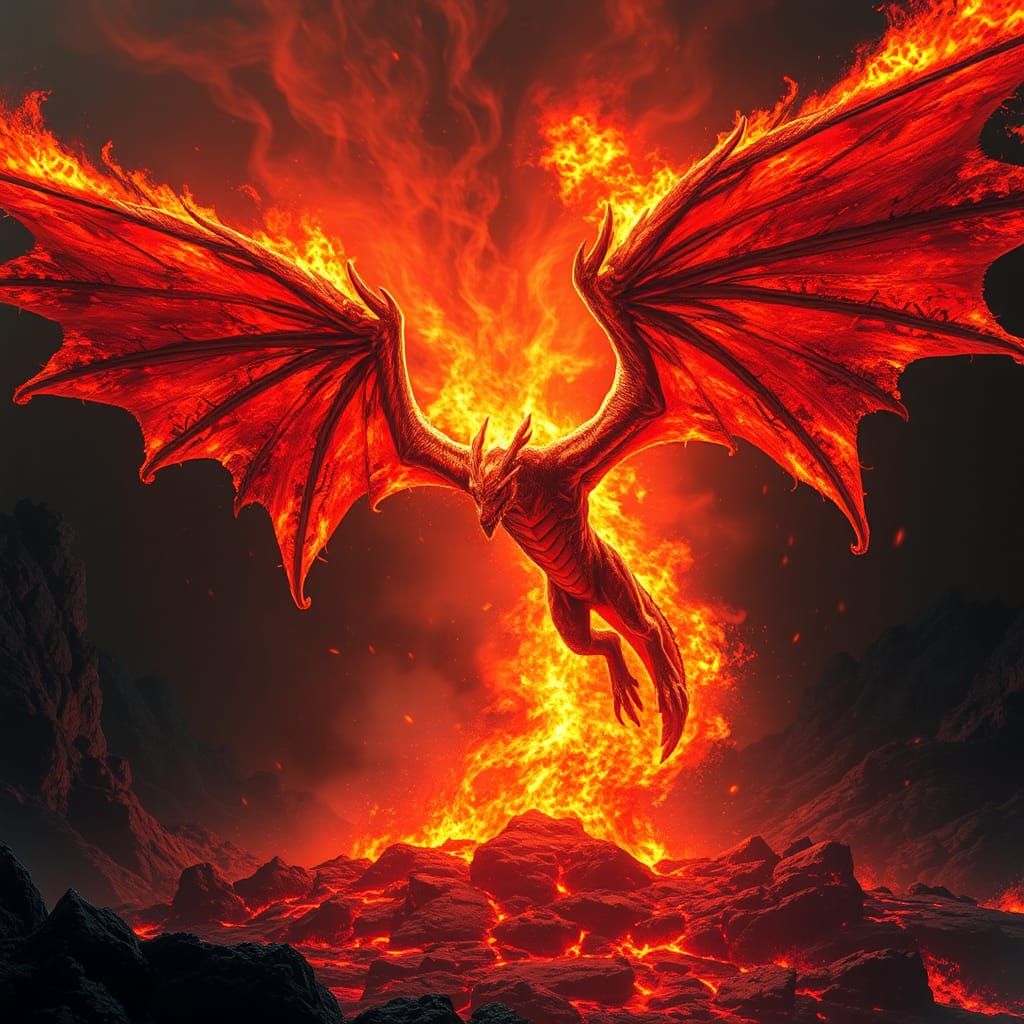 Fiery Volcanic Dragon with Spread Wings