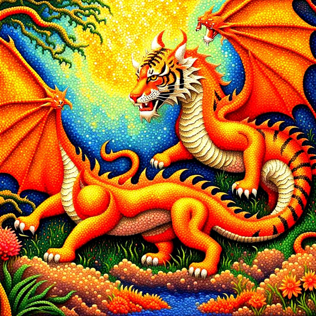 Dragon and Tiger in Pointillism Art