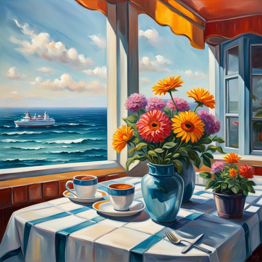 Having Coffee on a Beautiful Terrace Overlooking the Sea