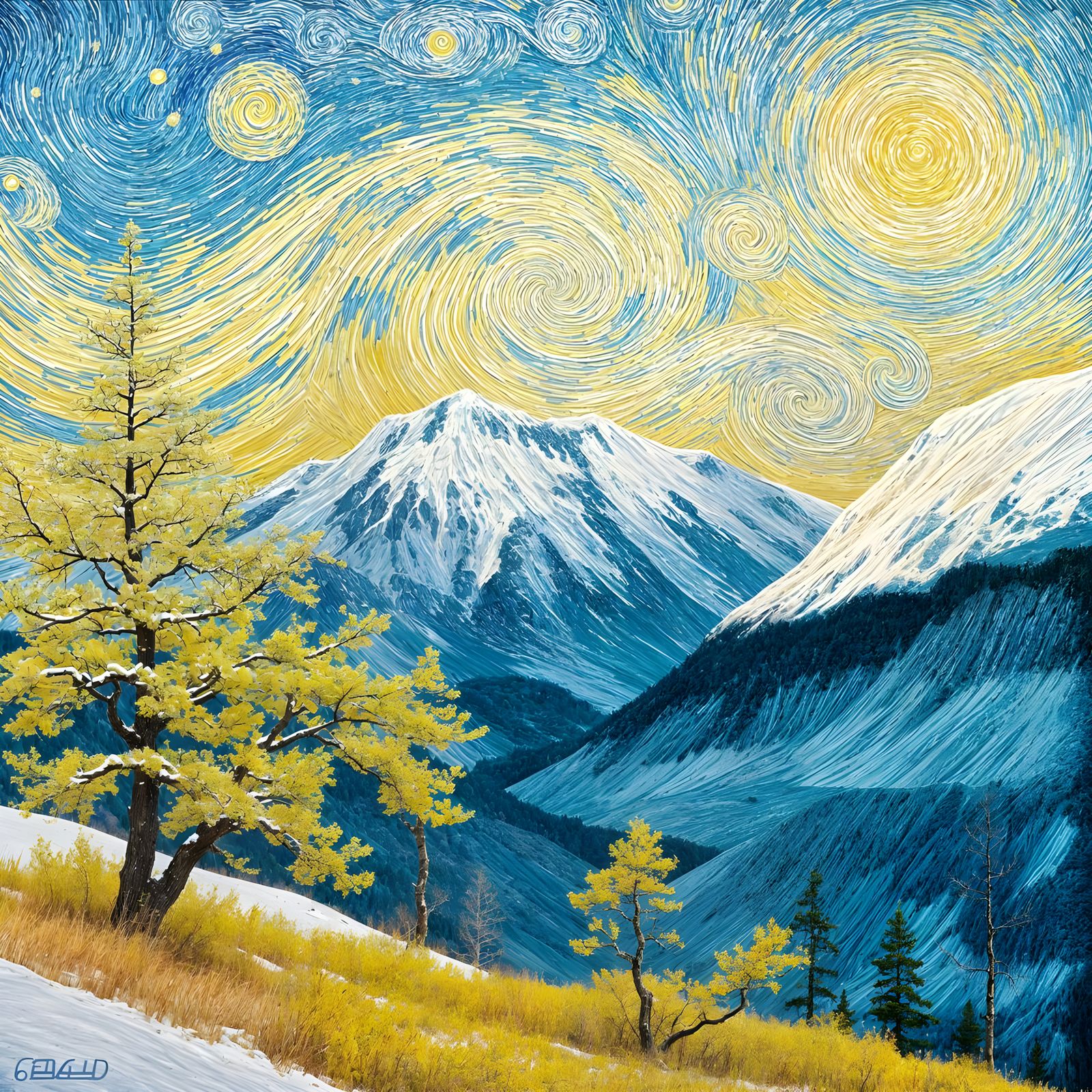 Dreamlike Fujiyama Mountain Landscape in Vibrant Yellow and ...