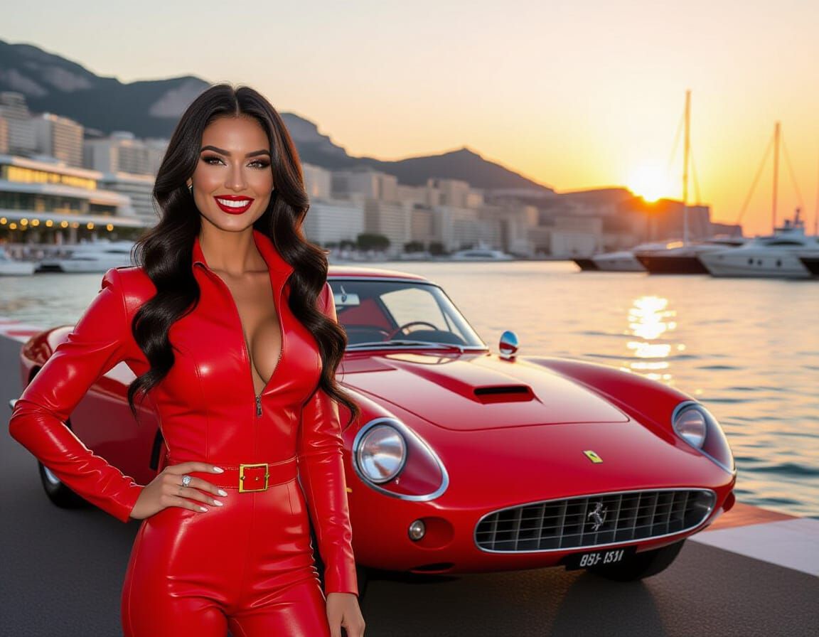 Italian Model and Ferrari at Monaco in Comic Art Style